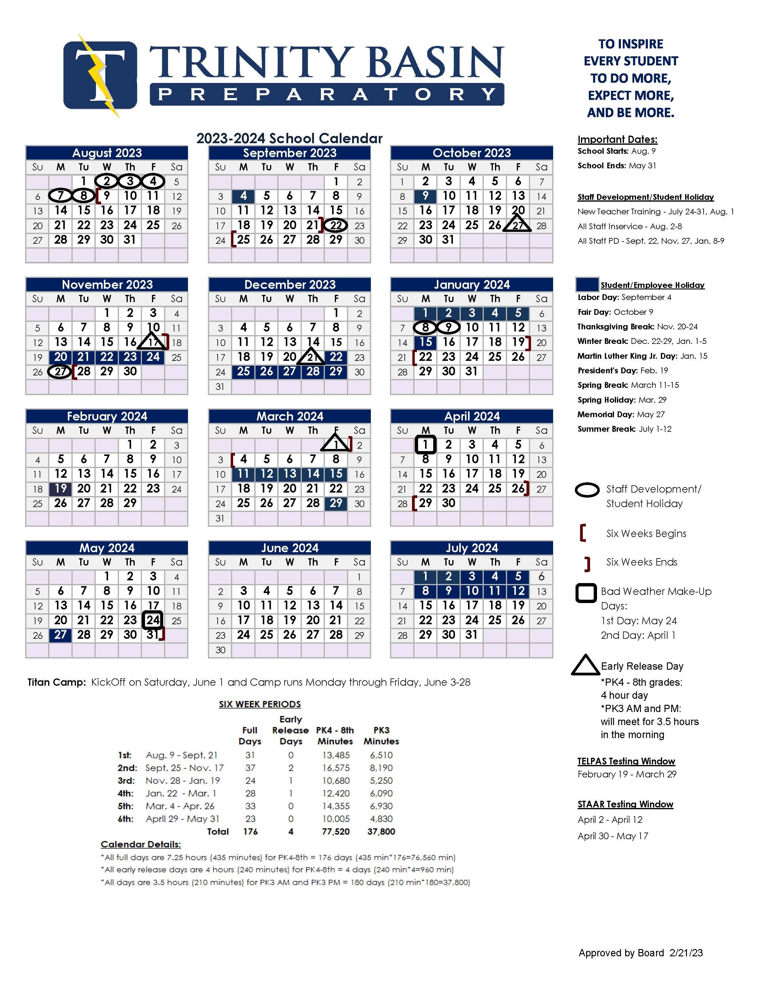2023-2024 TBP Academic Calendar
